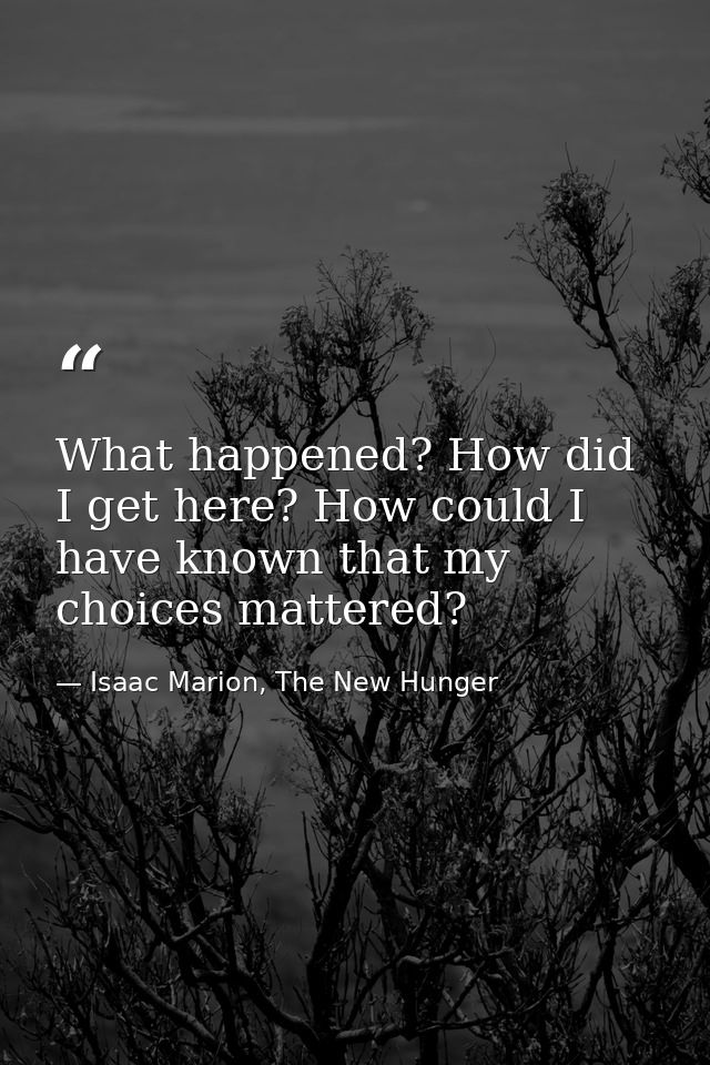 What happened? How did I get here? How could I have known that my choices mattered? — Isaac Marion, The New Hunger
