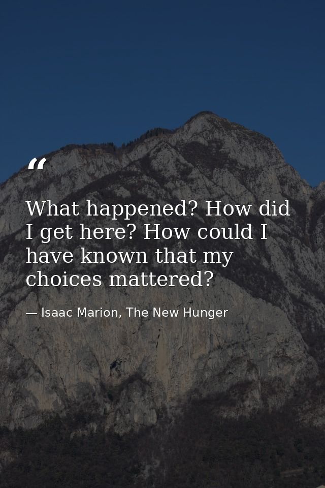 What happened? How did I get here? How could I have known that my choices mattered? — Isaac Marion, The New Hunger