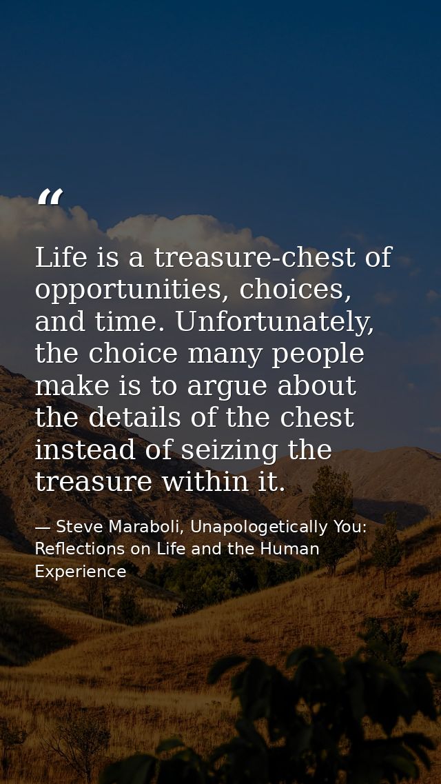 Life is a treasure-chest of opportunities, choices, and time. Unfortunately, the choice many people make is to argue abo — Steve Maraboli, Unapologetically You: Reflections on Life and the Human Experience