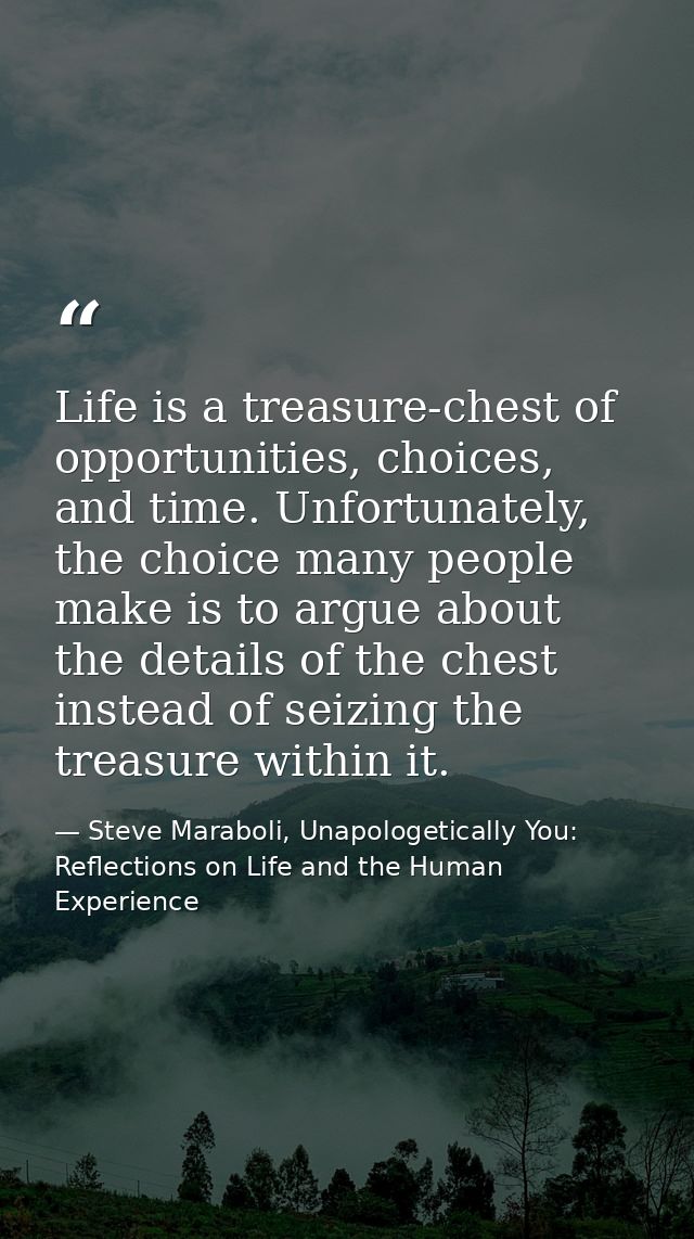 Life is a treasure-chest of opportunities, choices, and time. Unfortunately, the choice many people make is to argue abo — Steve Maraboli, Unapologetically You: Reflections on Life and the Human Experience