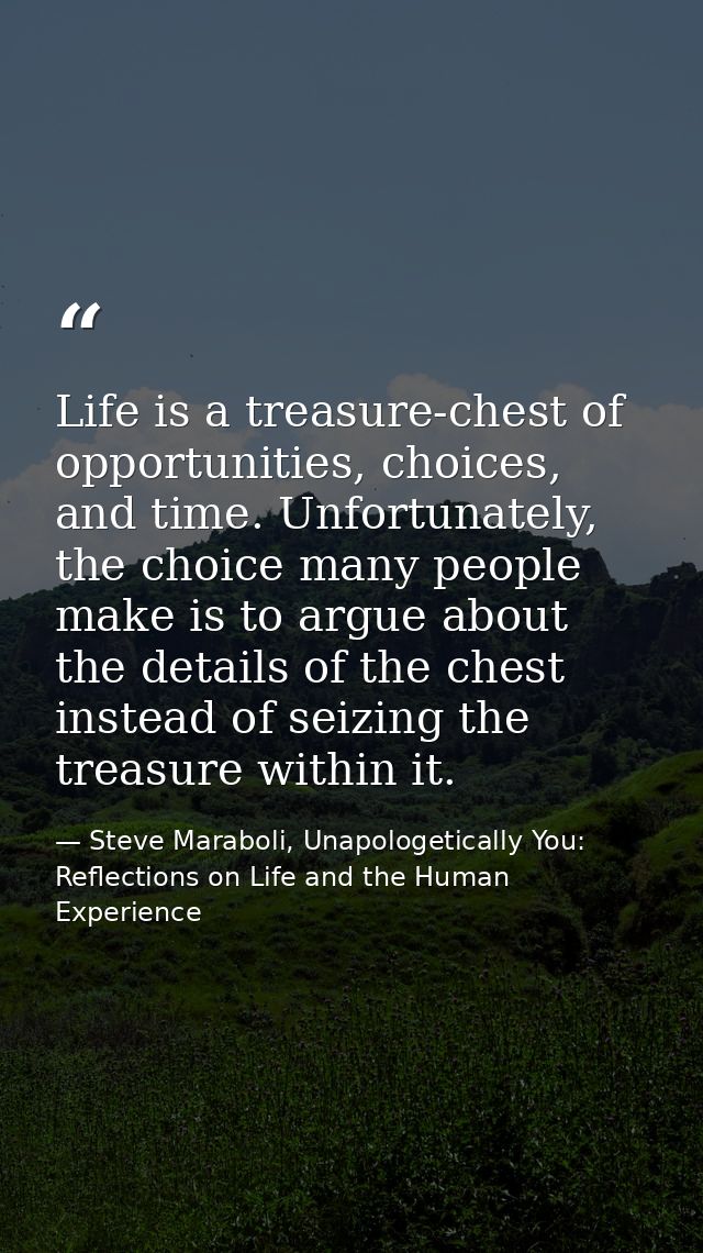 Life is a treasure-chest of opportunities, choices, and time. Unfortunately, the choice many people make is to argue abo — Steve Maraboli, Unapologetically You: Reflections on Life and the Human Experience