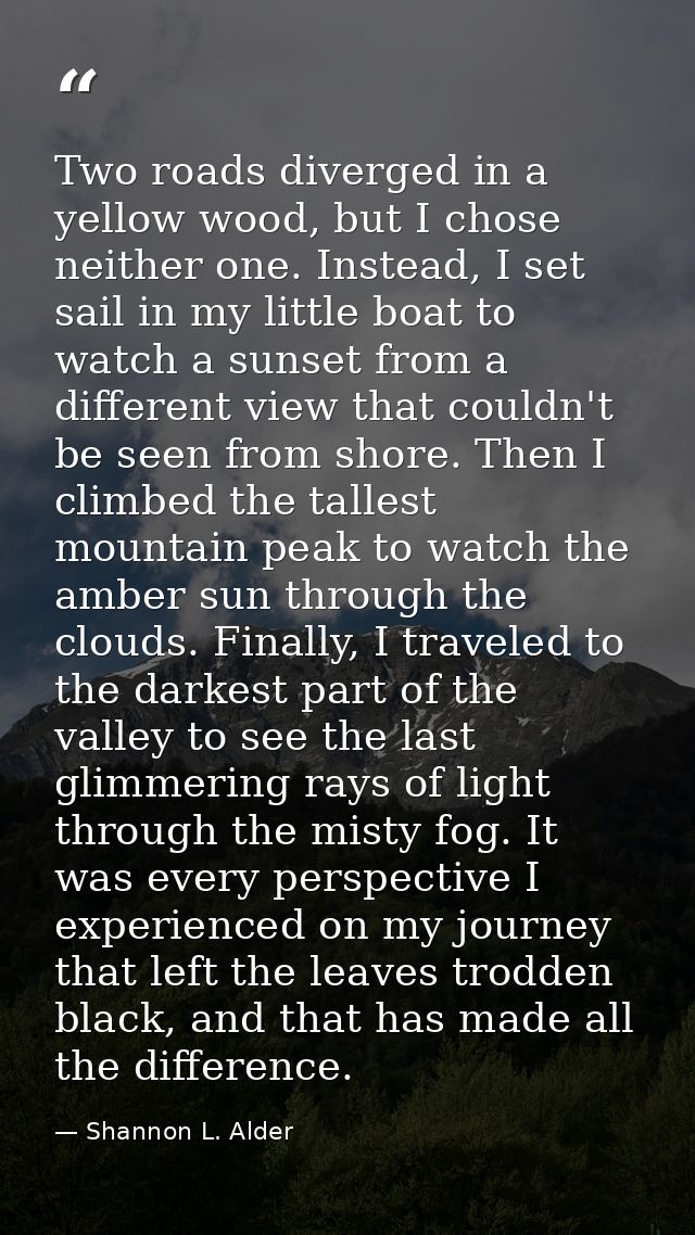 Two roads diverged in a yellow wood, but I chose neither one. Instead, I set sail in my little boat to watch a sunset fr — Shannon L. Alder