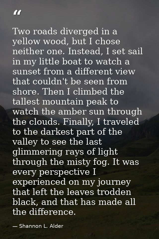 Two roads diverged in a yellow wood, but I chose neither one. Instead, I set sail in my little boat to watch a sunset fr — Shannon L. Alder
