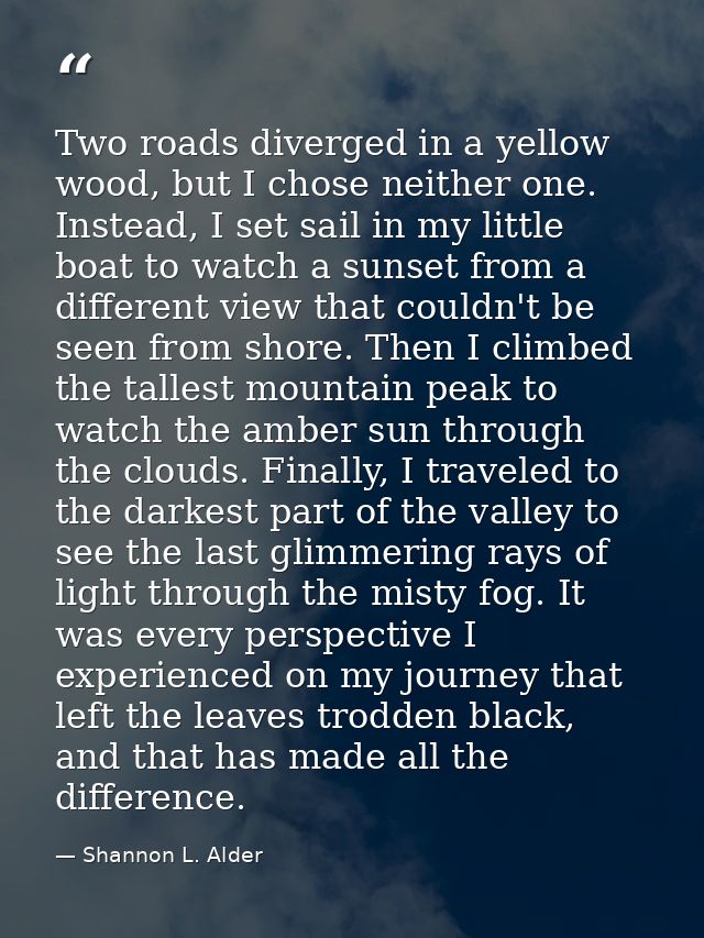 Two roads diverged in a yellow wood, but I chose neither one. Instead, I set sail in my little boat to watch a sunset fr — Shannon L. Alder