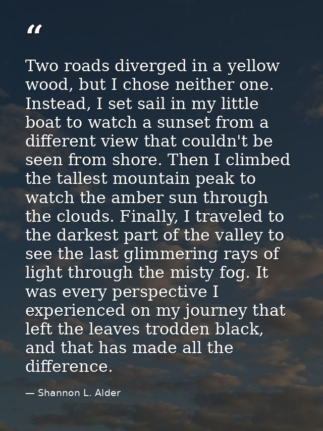Two roads diverged in a yellow wood, but I chose neither one. Instead, I set sail in my little boat to watch a sunset fr — Shannon L. Alder