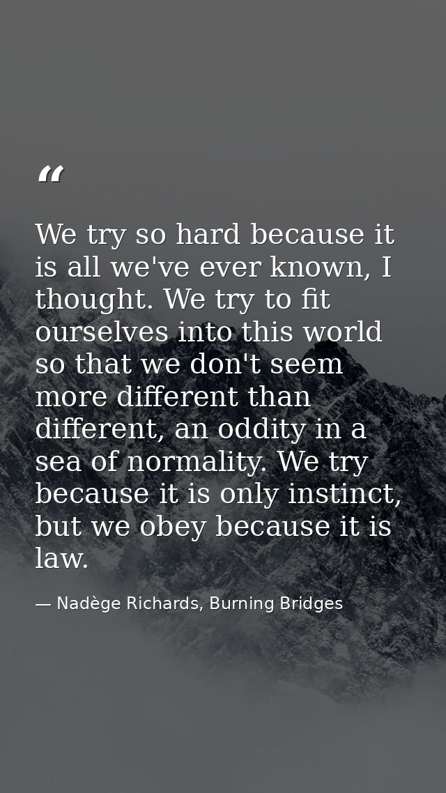 We try so hard because it is all we've ever known, I thought. We try to fit ourselves into this world so that we don't s — Nadège Richards, Burning Bridges