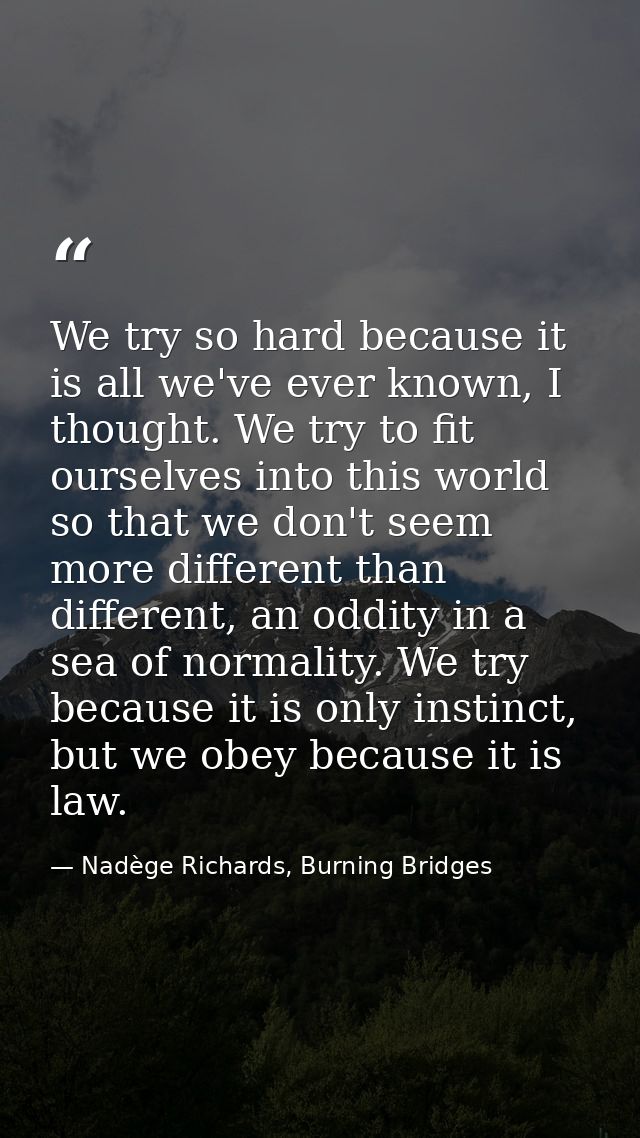 We try so hard because it is all we've ever known, I thought. We try to fit ourselves into this world so that we don't s — Nadège Richards, Burning Bridges