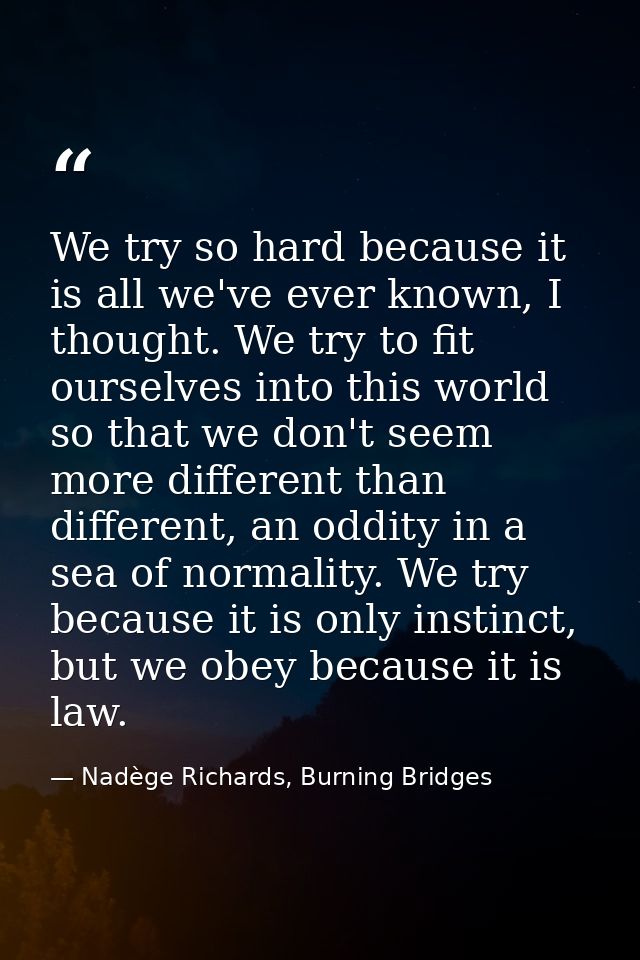 We try so hard because it is all we've ever known, I thought. We try to fit ourselves into this world so that we don't s — Nadège Richards, Burning Bridges