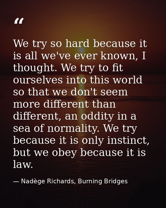 We try so hard because it is all we've ever known, I thought. We try to fit ourselves into this world so that we don't s — Nadège Richards, Burning Bridges