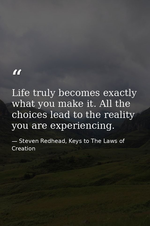 Life truly becomes exactly what you make it. All the choices lead to the reality you are experiencing. — Steven Redhead, Keys to The Laws of Creation