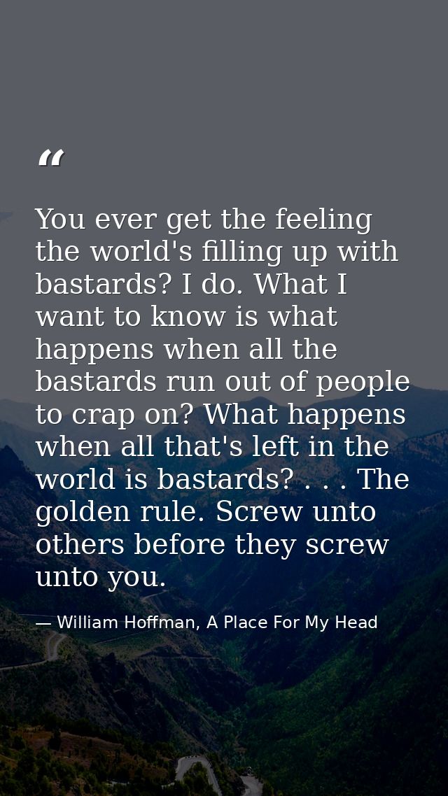 You ever get the feeling the world's filling up with bastards? I do. What I want to know is what happens when all the ba — William Hoffman, A Place For My Head