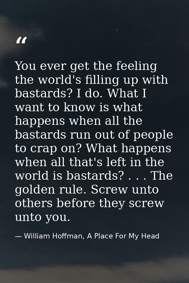 You ever get the feeling the world's filling up with bastards? I do. What I want to know is what happens when all the ba — William Hoffman, A Place For My Head