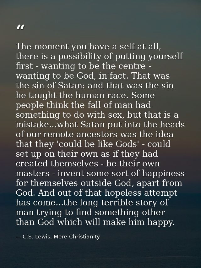 The moment you have a self at all, there is a possibility of putting yourself first - wanting to be the centre - wanting — C.S. Lewis, Mere Christianity
