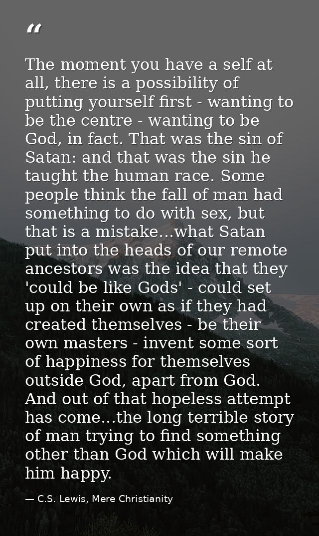The moment you have a self at all, there is a possibility of putting yourself first - wanting to be the centre - wanting — C.S. Lewis, Mere Christianity