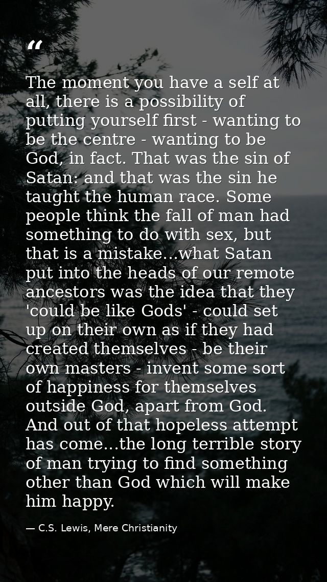 The moment you have a self at all, there is a possibility of putting yourself first - wanting to be the centre - wanting — C.S. Lewis, Mere Christianity