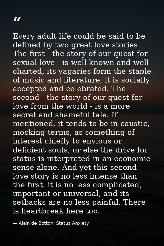 Every adult life could be said to be defined by two great love stories. The first - the story of our quest for sexual lo — Alain de Botton, Status Anxiety