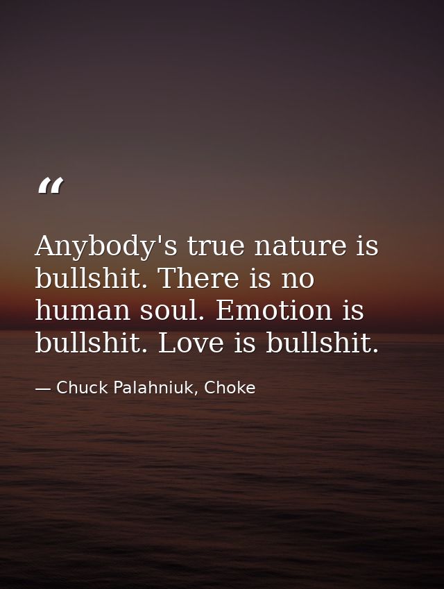Anybody's true nature is bullshit. There is no human soul. Emotion is bullshit. Love is bullshit. — Chuck Palahniuk, Choke