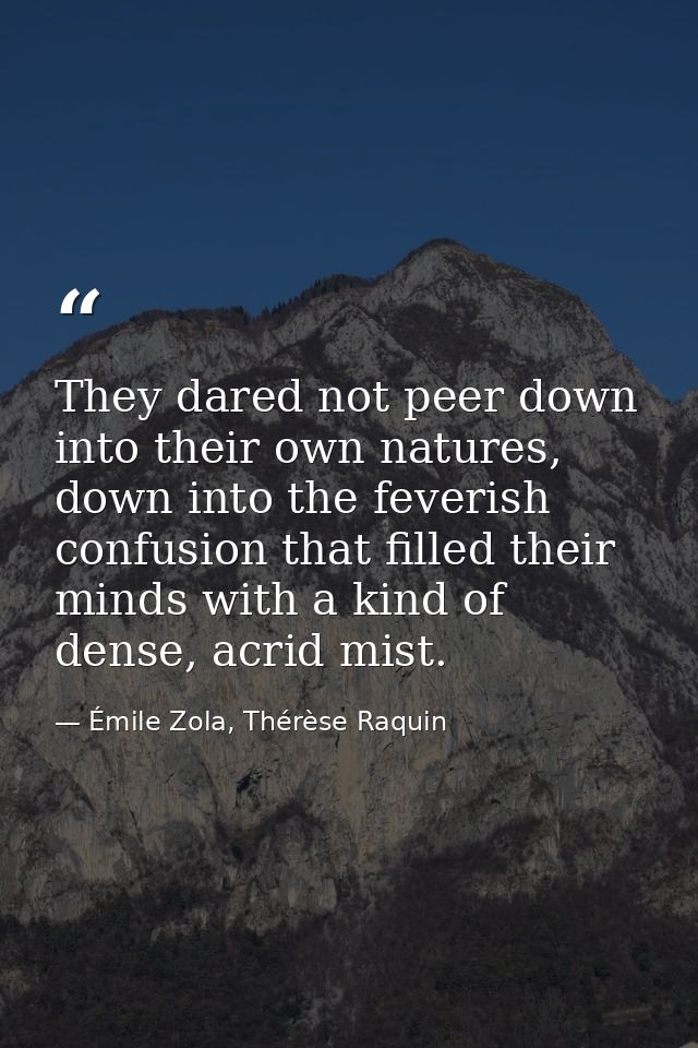 They dared not peer down into their own natures, down into the feverish confusion that filled their minds with a kind of — Émile Zola, Thérèse Raquin