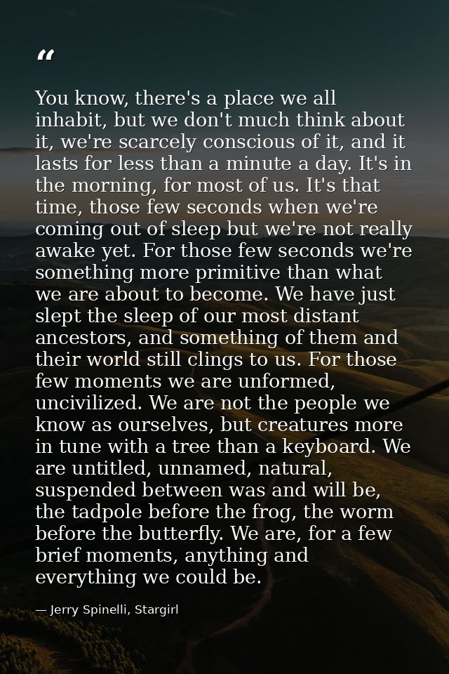 You know, there's a place we all inhabit, but we don't much think about it, we're scarcely conscious of it, and it lasts — Jerry Spinelli, Stargirl