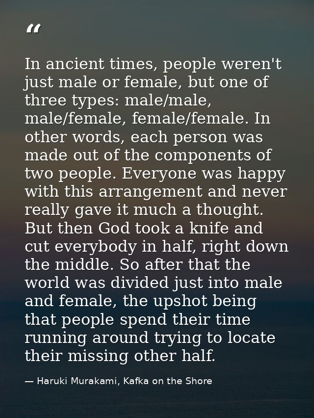 In ancient times, people weren't just male or female, but one of three types: male/male, male/female, female/female. In  — Haruki Murakami, Kafka on the Shore