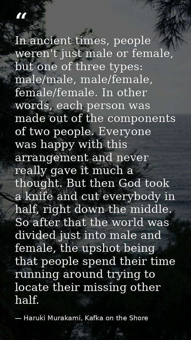 In ancient times, people weren't just male or female, but one of three types: male/male, male/female, female/female. In  — Haruki Murakami, Kafka on the Shore