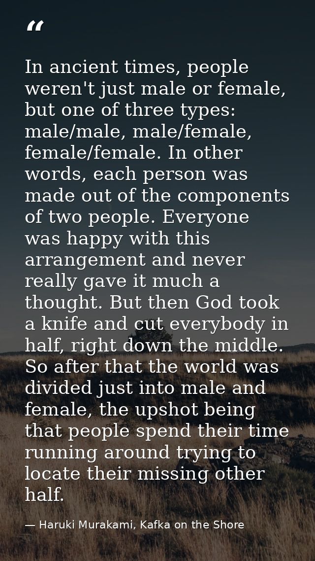 In ancient times, people weren't just male or female, but one of three types: male/male, male/female, female/female. In  — Haruki Murakami, Kafka on the Shore