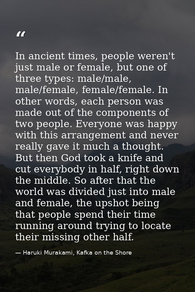 In ancient times, people weren't just male or female, but one of three types: male/male, male/female, female/female. In  — Haruki Murakami, Kafka on the Shore