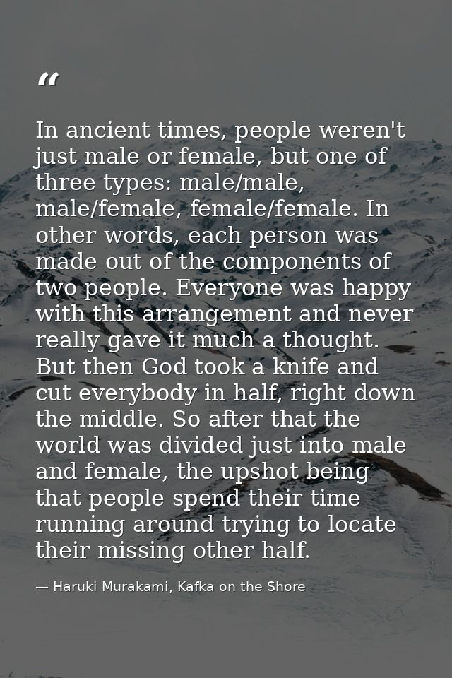 In ancient times, people weren't just male or female, but one of three types: male/male, male/female, female/female. In  — Haruki Murakami, Kafka on the Shore