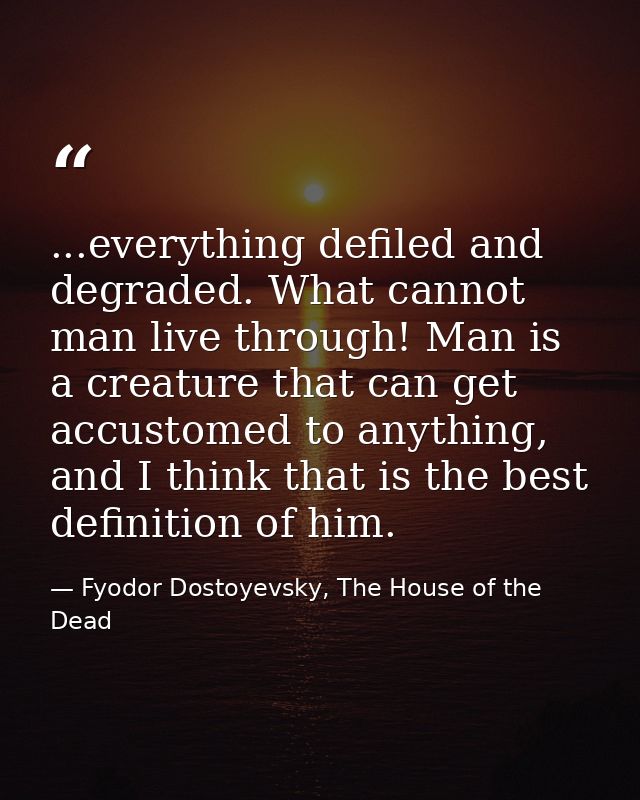 ...everything defiled and degraded. What cannot man live through! Man is a creature that can get accustomed to anything, — Fyodor Dostoyevsky, The House of the Dead
