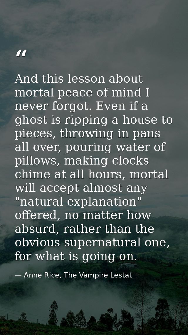 And this lesson about mortal peace of mind I never forgot. Even if a ghost is ripping a house to pieces, throwing in pan — Anne Rice, The Vampire Lestat