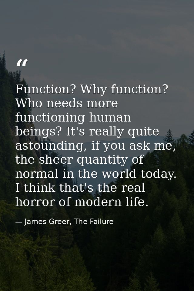 Function? Why function? Who needs more functioning human beings? It's really quite astounding, if you ask me, the sheer  — James Greer, The Failure