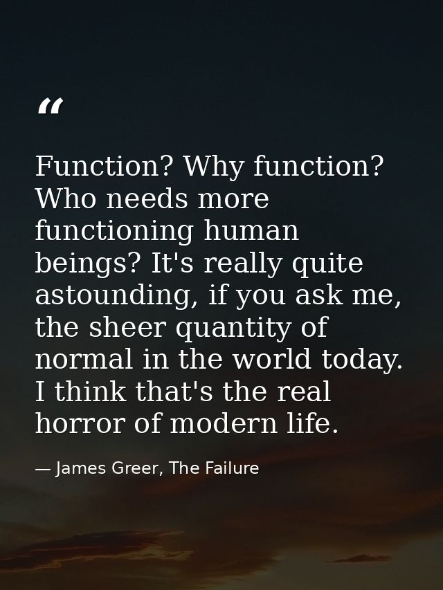 Function? Why function? Who needs more functioning human beings? It's really quite astounding, if you ask me, the sheer  — James Greer, The Failure