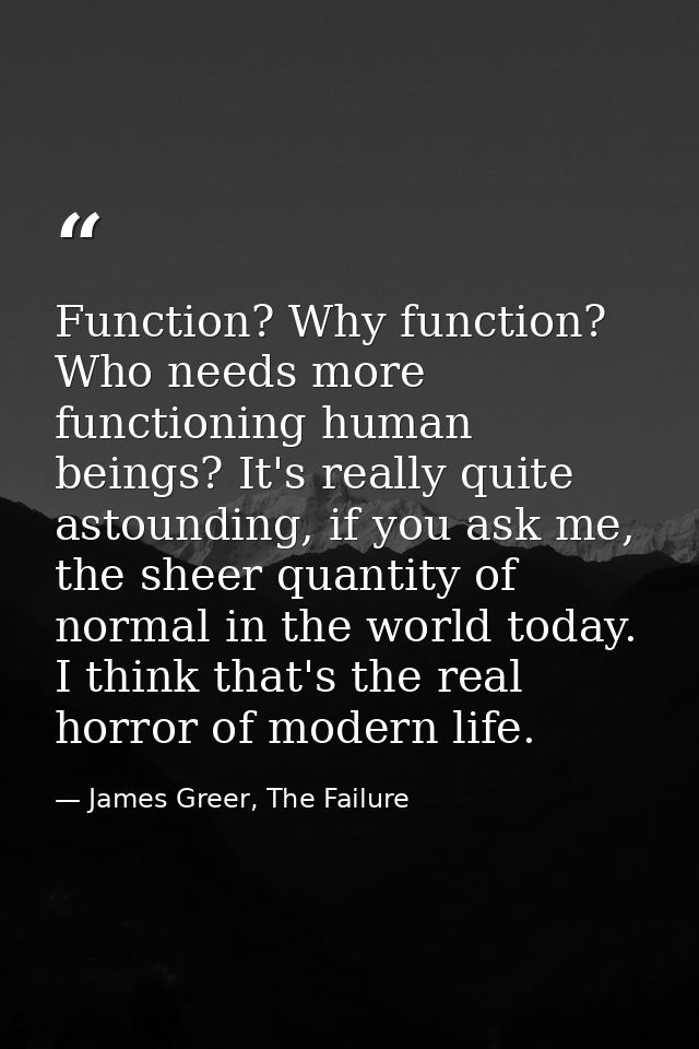 Function? Why function? Who needs more functioning human beings? It's really quite astounding, if you ask me, the sheer  — James Greer, The Failure