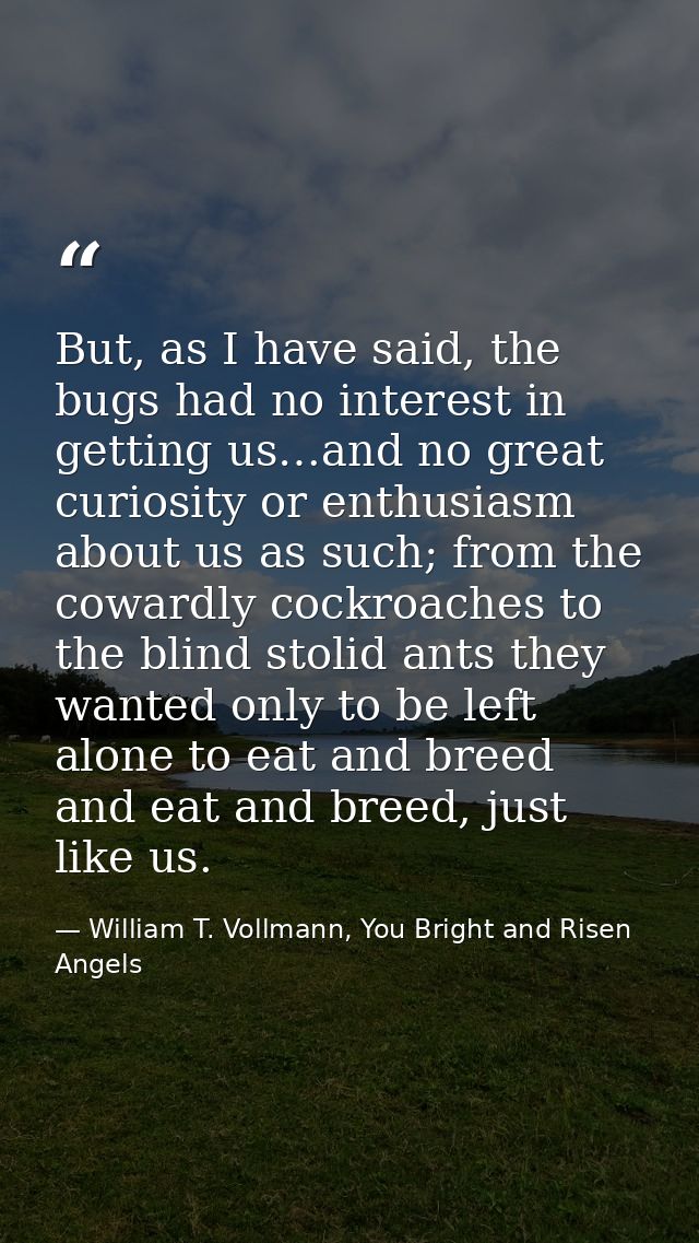But, as I have said, the bugs had no interest in getting us…and no great curiosity or enthusiasm about us as such; from  — William T. Vollmann, You Bright and Risen Angels