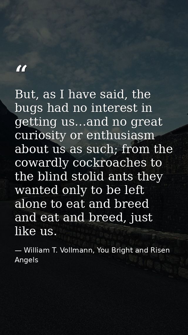 But, as I have said, the bugs had no interest in getting us…and no great curiosity or enthusiasm about us as such; from  — William T. Vollmann, You Bright and Risen Angels