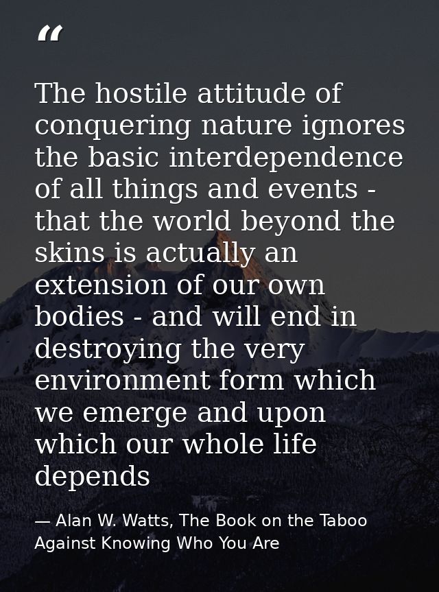 The hostile attitude of conquering nature ignores the basic interdependence of all things and events - that the world be — Alan W. Watts, The Book on the Taboo Against Knowing Who You Are