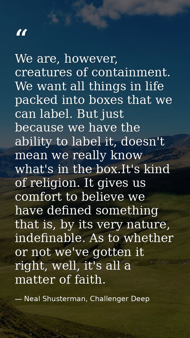 We are, however, creatures of containment. We want all things in life packed into boxes that we can label. But just beca — Neal Shusterman, Challenger Deep