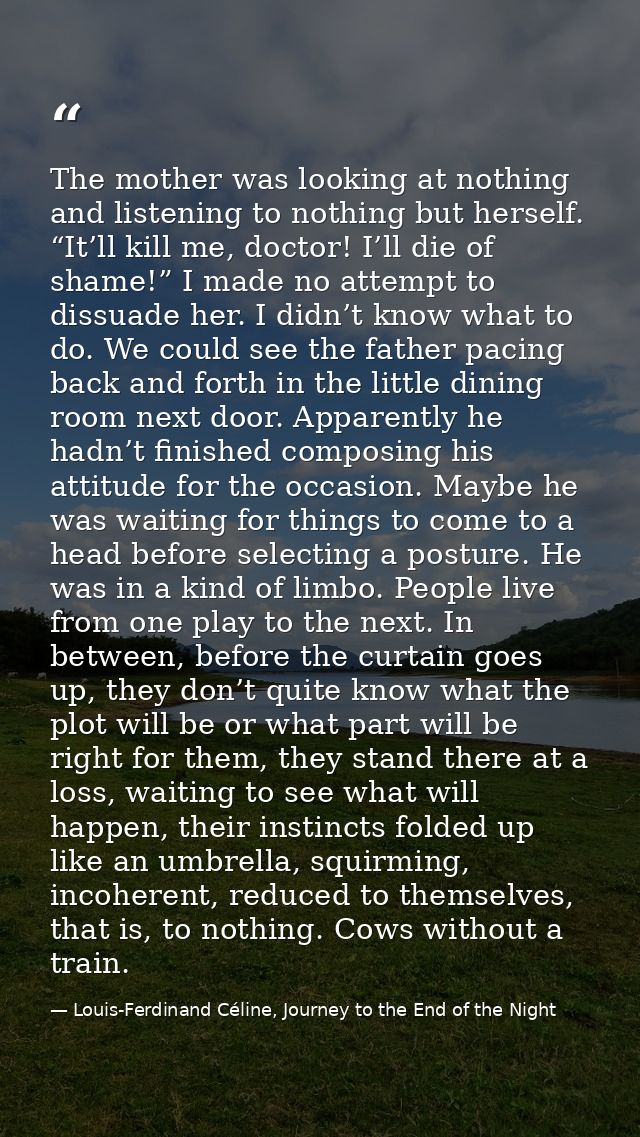 The mother was looking at nothing and listening to nothing but herself. “It’ll kill me, doctor! I’ll die of shame!” I ma — Louis-Ferdinand Céline, Journey to the End of the Night