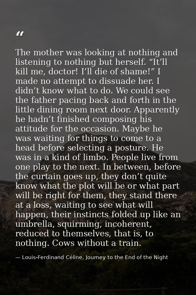 The mother was looking at nothing and listening to nothing but herself. “It’ll kill me, doctor! I’ll die of shame!” I ma — Louis-Ferdinand Céline, Journey to the End of the Night