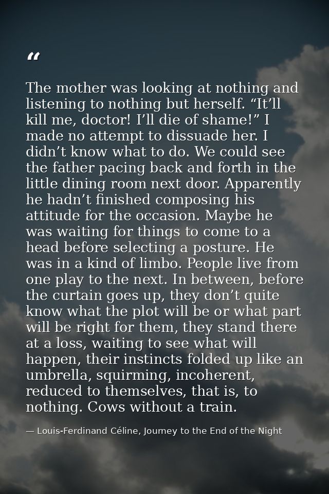 The mother was looking at nothing and listening to nothing but herself. “It’ll kill me, doctor! I’ll die of shame!” I ma — Louis-Ferdinand Céline, Journey to the End of the Night