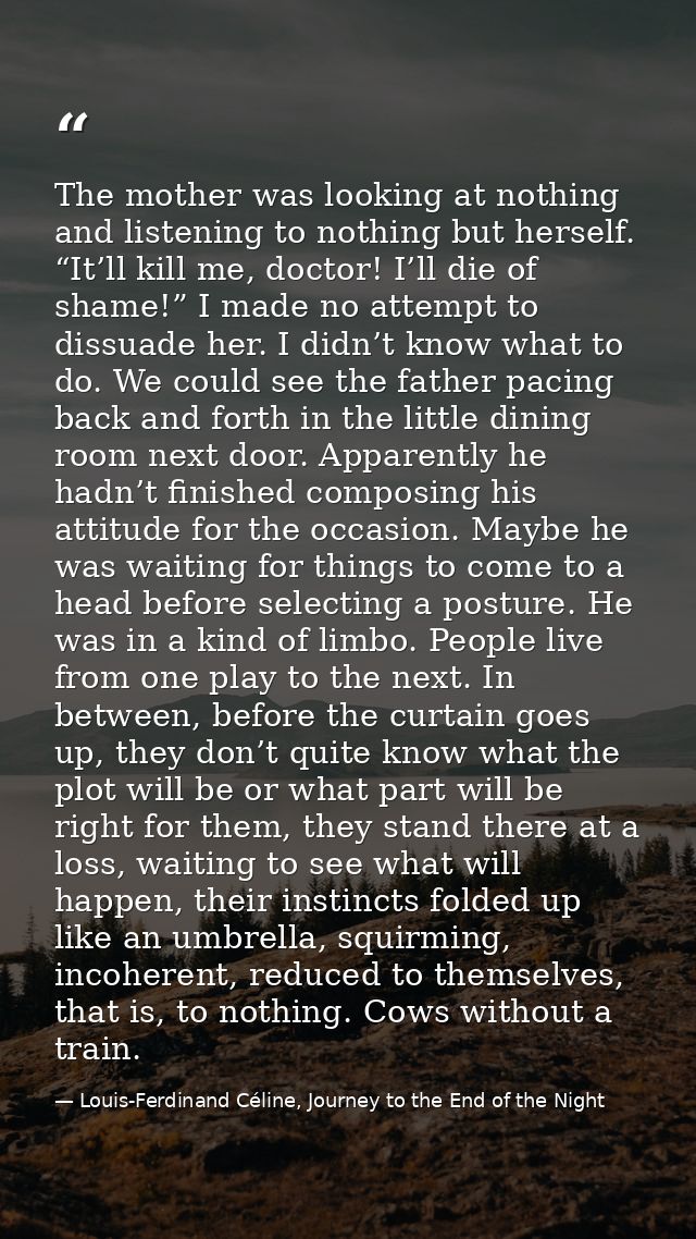 The mother was looking at nothing and listening to nothing but herself. “It’ll kill me, doctor! I’ll die of shame!” I ma — Louis-Ferdinand Céline, Journey to the End of the Night