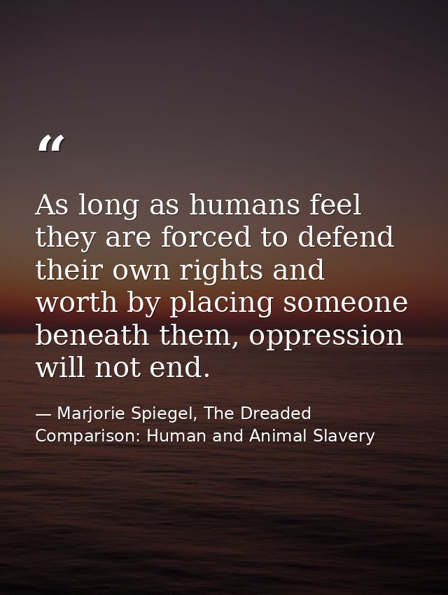 As long as humans feel they are forced to defend their own rights and worth by placing someone beneath them, oppression  — Marjorie Spiegel, The Dreaded Comparison: Human and Animal Slavery