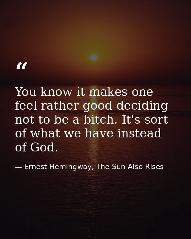 You know it makes one feel rather good deciding not to be a bitch. It's sort of what we have instead of God. — Ernest Hemingway, The Sun Also Rises