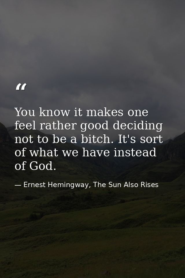 You know it makes one feel rather good deciding not to be a bitch. It's sort of what we have instead of God. — Ernest Hemingway, The Sun Also Rises