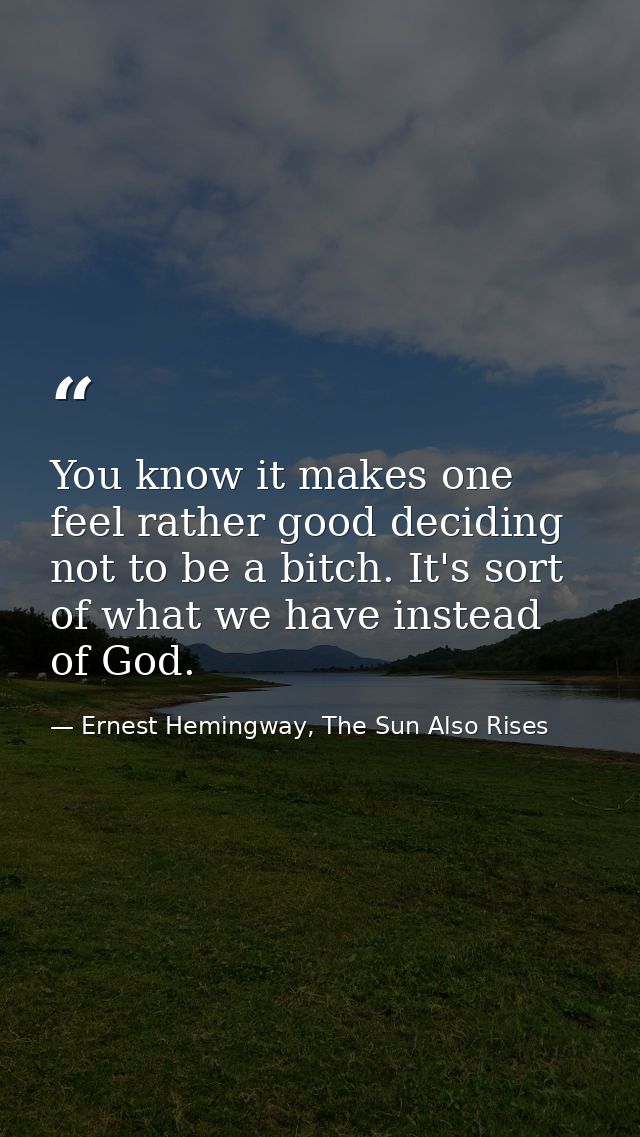 You know it makes one feel rather good deciding not to be a bitch. It's sort of what we have instead of God. — Ernest Hemingway, The Sun Also Rises