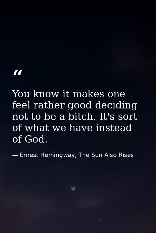 You know it makes one feel rather good deciding not to be a bitch. It's sort of what we have instead of God. — Ernest Hemingway, The Sun Also Rises