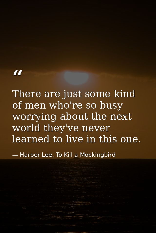 There are just some kind of men who're so busy worrying about the next world they've never learned to live in this one. — Harper Lee, To Kill a Mockingbird