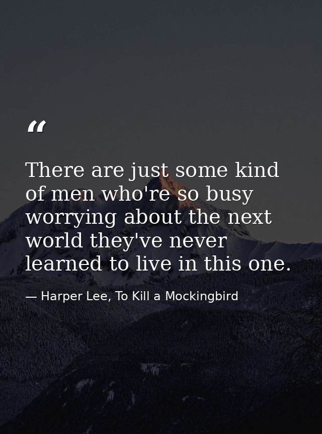 There are just some kind of men who're so busy worrying about the next world they've never learned to live in this one. — Harper Lee, To Kill a Mockingbird