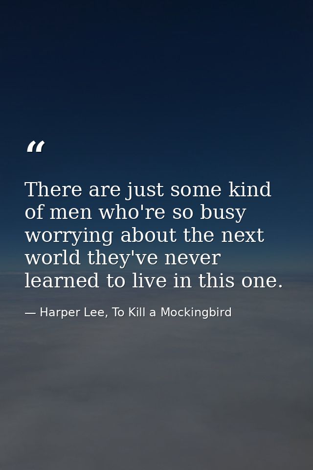 There are just some kind of men who're so busy worrying about the next world they've never learned to live in this one. — Harper Lee, To Kill a Mockingbird