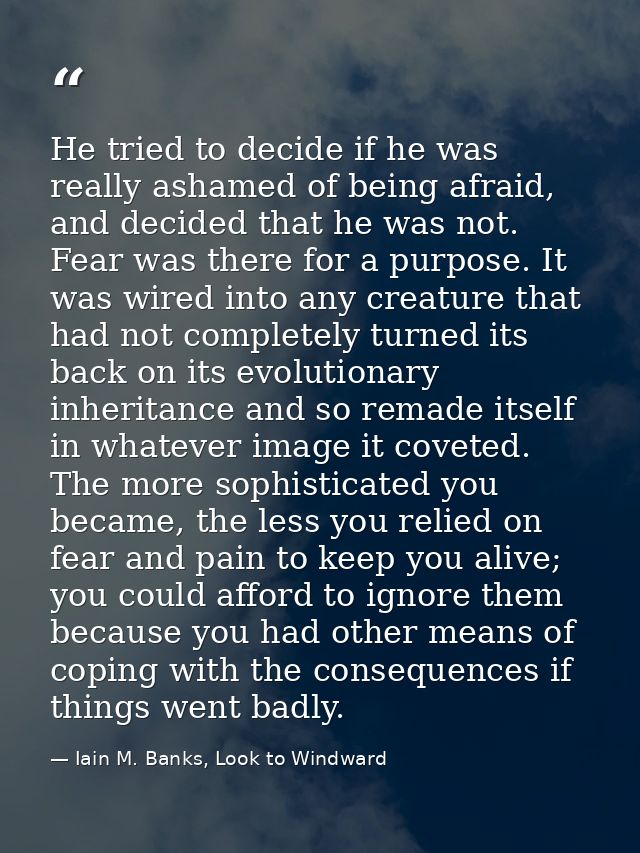 He tried to decide if he was really ashamed of being afraid, and decided that he was not. Fear was there for a purpose.  — Iain M. Banks, Look to Windward